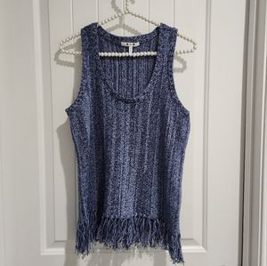NWOT Three Dots Knit Fringe Sleeveless Blue Cotton Top size small